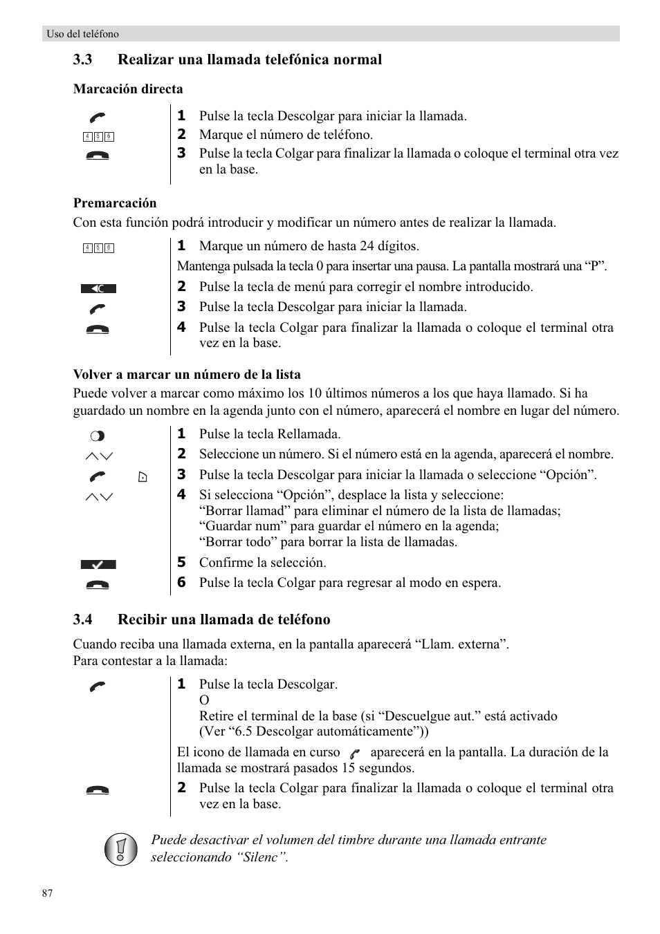 3 realizar una llamada telefónica normal, 4 recibir una llamada de teléfono | Topcom BUTLER 5710 User Manual | Page 104 / 220
