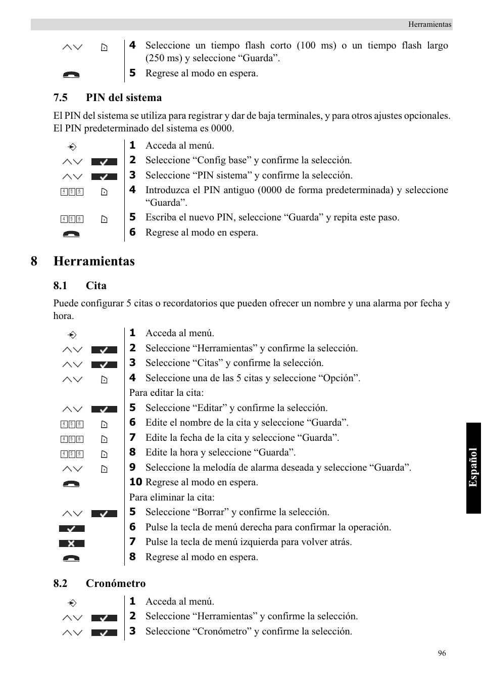 8herramientas, Español, 5 pin del sistema | 1 cita, 2 cronómetro | Topcom BUTLER 5710 User Manual | Page 113 / 220