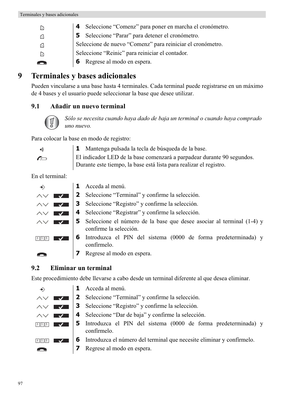 9terminales y bases adicionales, 1 añadir un nuevo terminal, 2 eliminar un terminal | Topcom BUTLER 5710 User Manual | Page 114 / 220