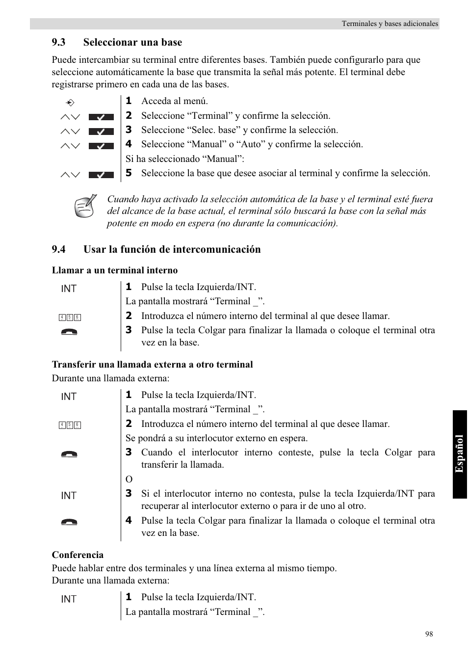 Español, 3 seleccionar una base, 4 usar la función de intercomunicación | Topcom BUTLER 5710 User Manual | Page 115 / 220