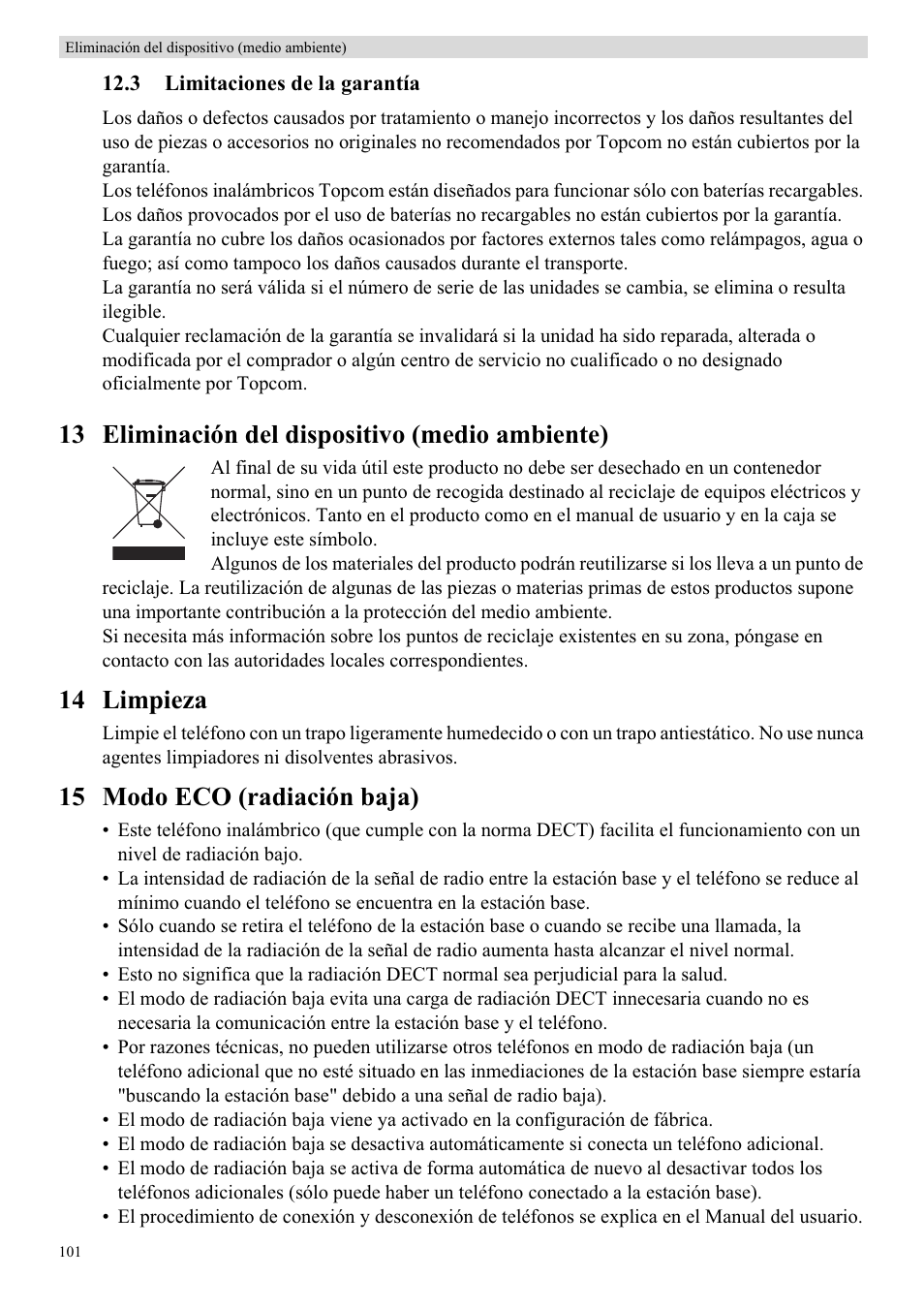 13 eliminación del dispositivo (medio ambiente), 14 limpieza, 15 modo eco (radiación baja) | Topcom BUTLER 5710 User Manual | Page 118 / 220