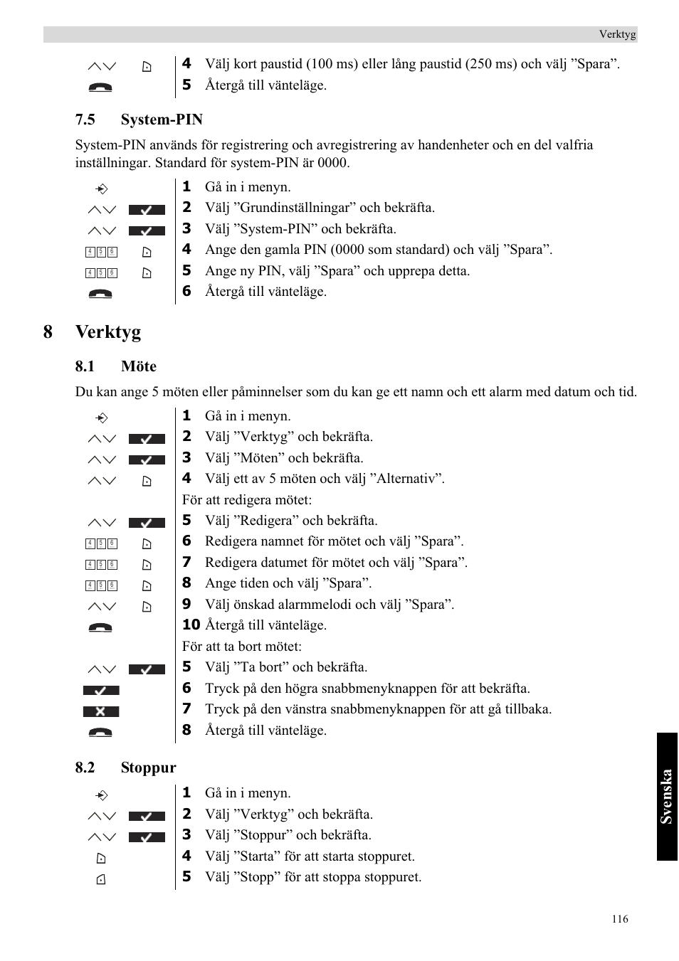 8verktyg, Sv enska, 5 system-pin | 1 möte, 2 stoppur | Topcom BUTLER 5710 User Manual | Page 133 / 220