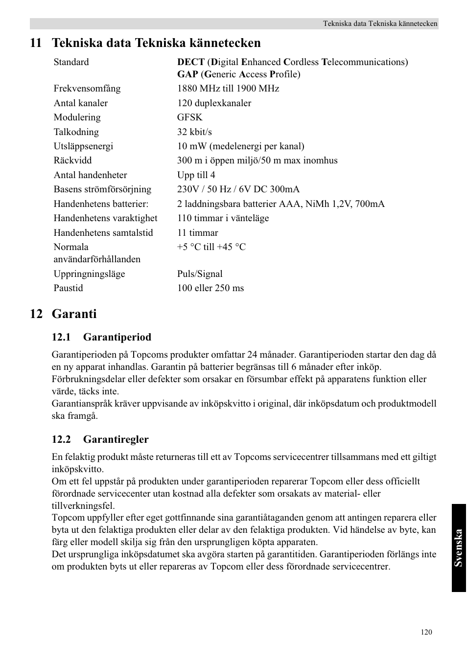 11 tekniska data tekniska kännetecken 12 garanti | Topcom BUTLER 5710 User Manual | Page 137 / 220