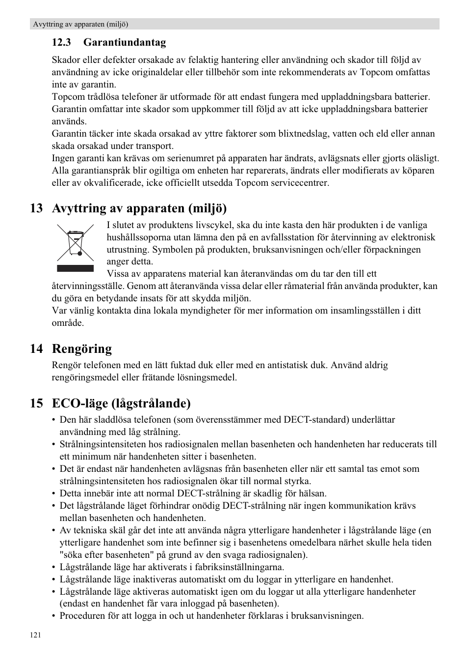 13 avyttring av apparaten (miljö), 14 rengöring, 15 eco-läge (lågstrålande) | Topcom BUTLER 5710 User Manual | Page 138 / 220