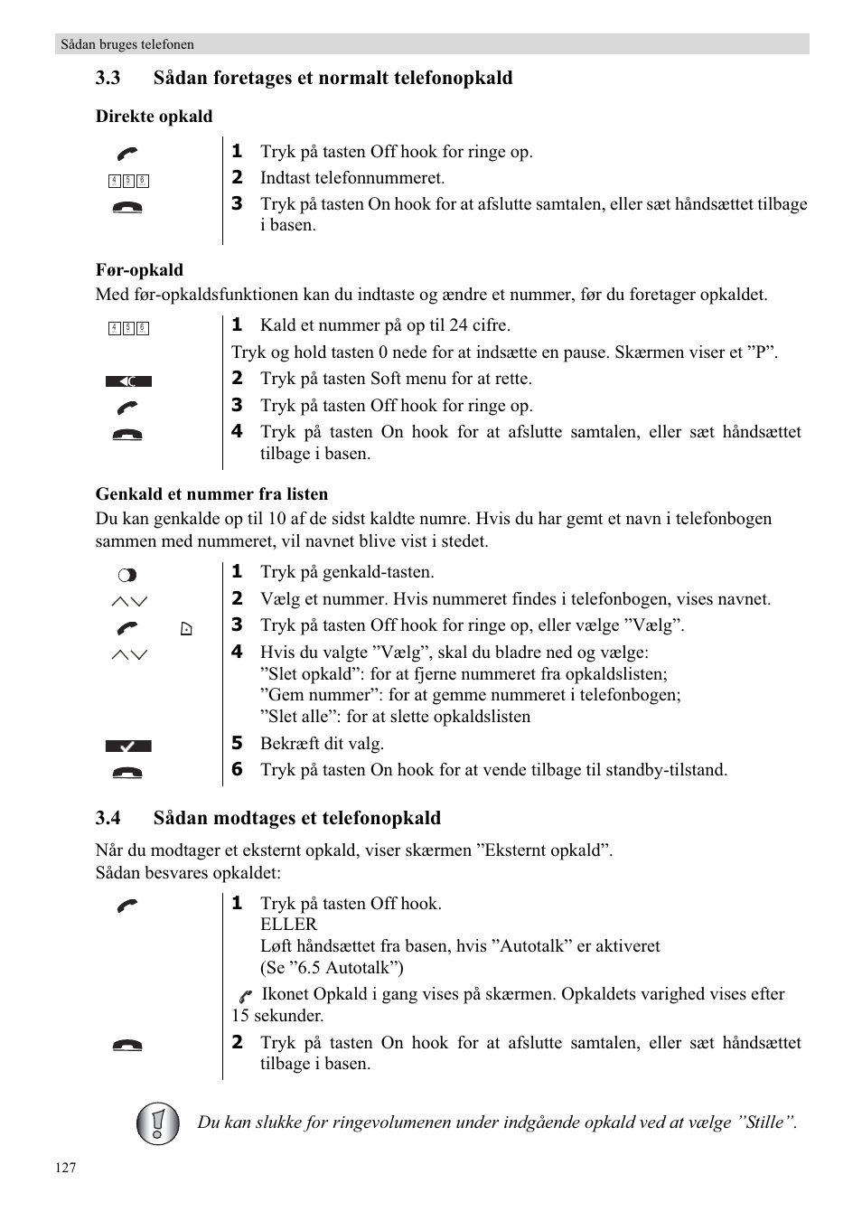 3 sådan foretages et normalt telefonopkald, 4 sådan modtages et telefonopkald | Topcom BUTLER 5710 User Manual | Page 144 / 220