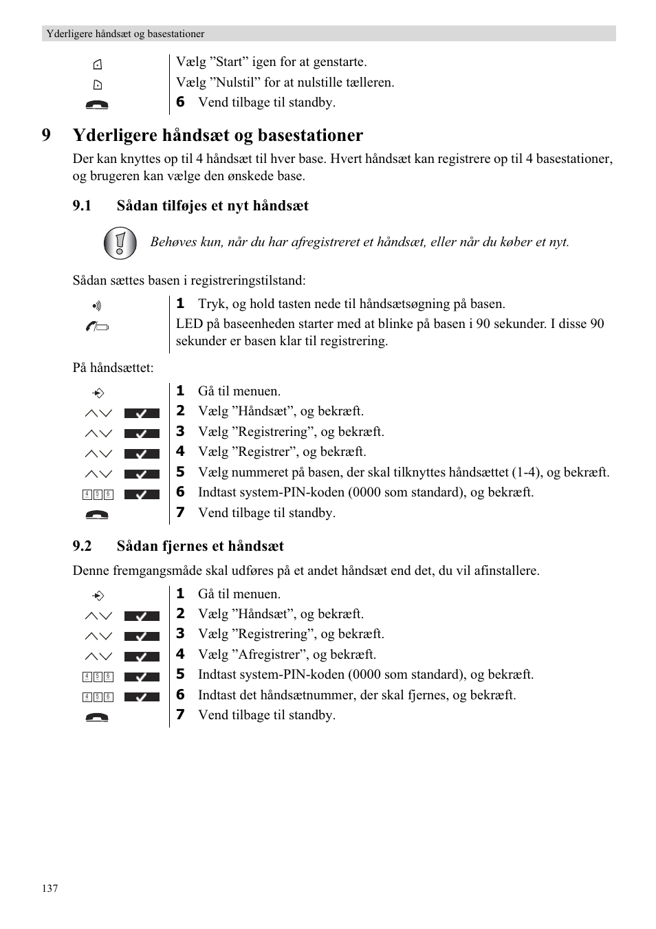 9yderligere håndsæt og basestationer, 1 sådan tilføjes et nyt håndsæt, 2 sådan fjernes et håndsæt | Topcom BUTLER 5710 User Manual | Page 154 / 220