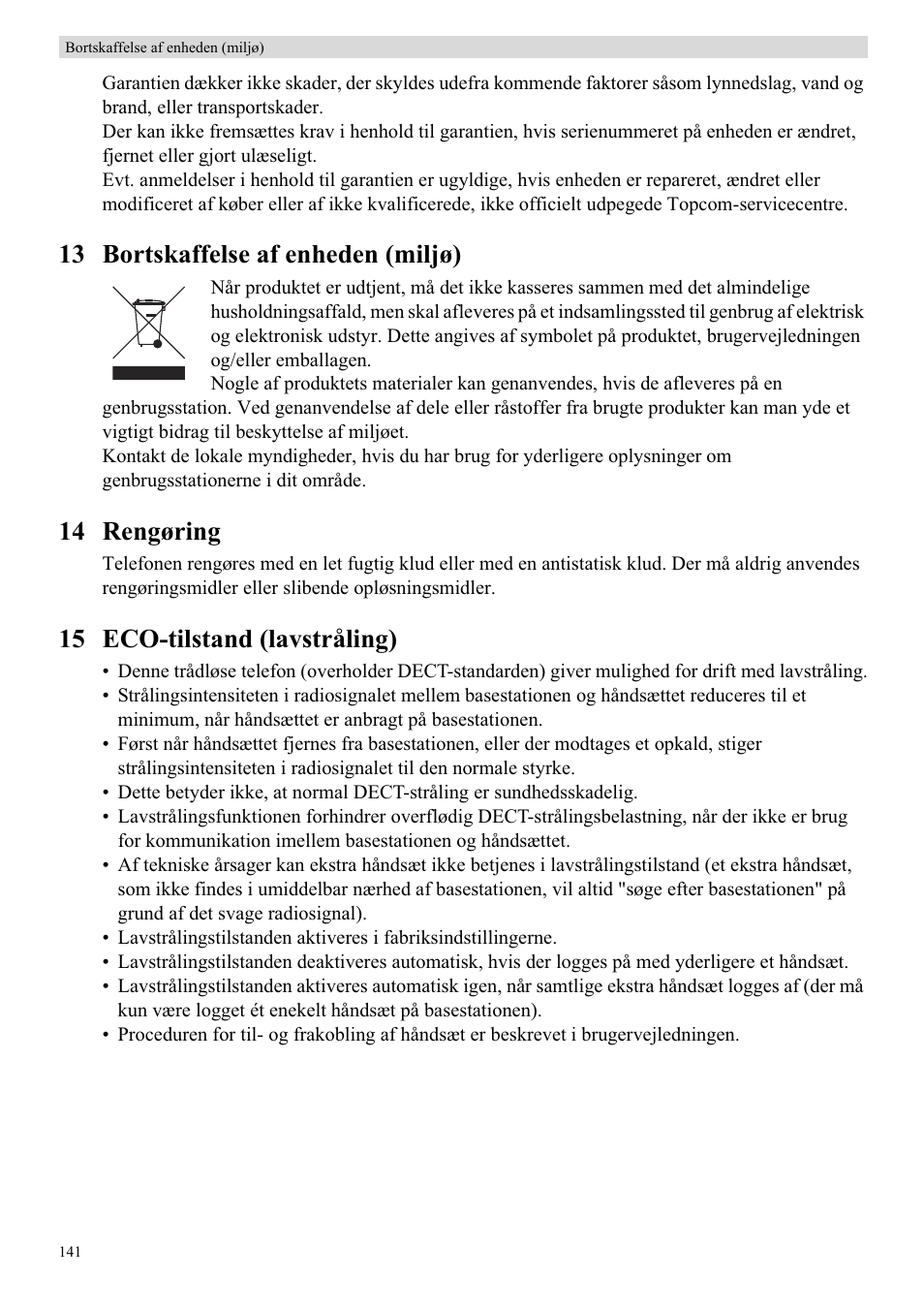 13 bortskaffelse af enheden (miljø), 14 rengøring, 15 eco-tilstand (lavstråling) | Topcom BUTLER 5710 User Manual | Page 158 / 220
