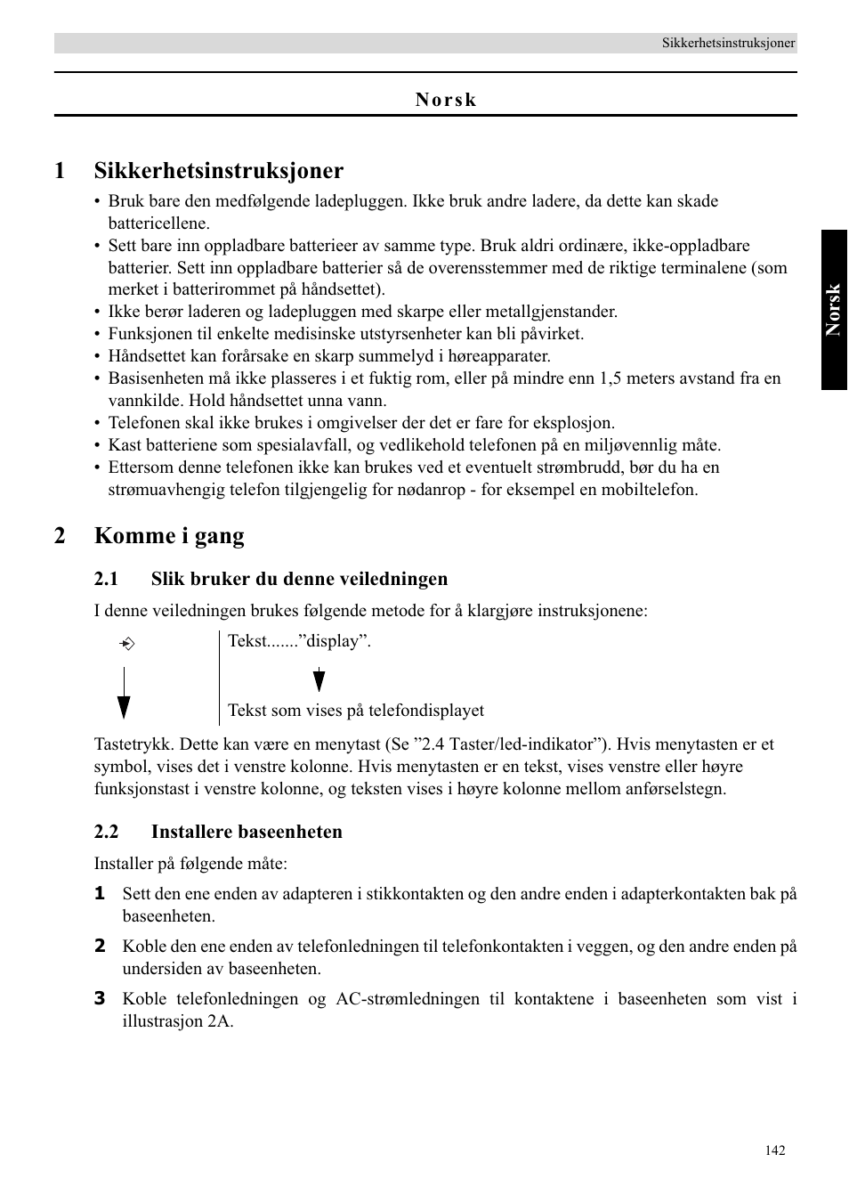 1sikkerhetsinstruksjoner, 2komme i gang | Topcom BUTLER 5710 User Manual | Page 159 / 220