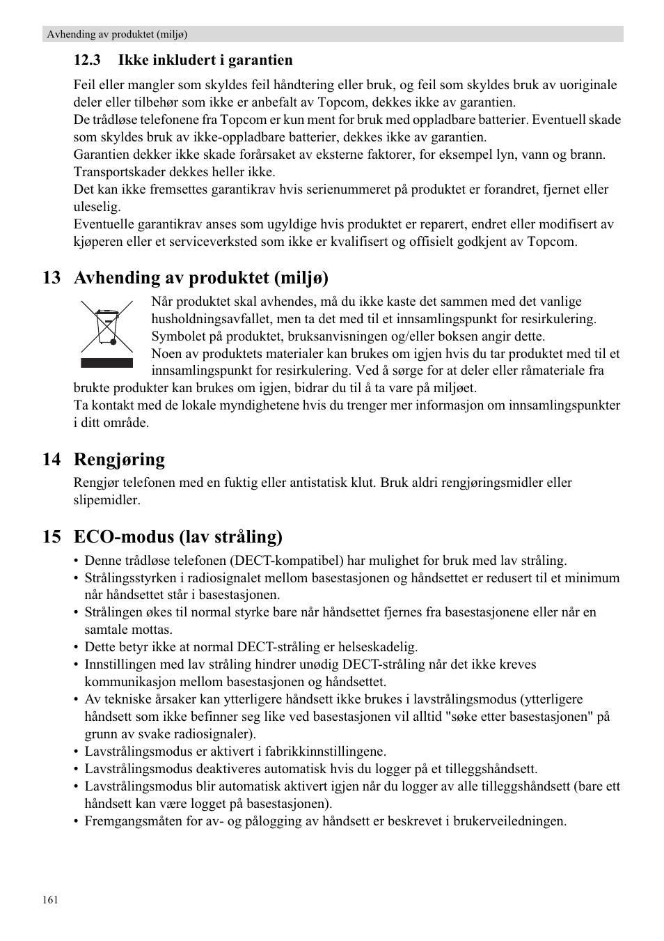 13 avhending av produktet (miljø), 14 rengjøring, 15 eco-modus (lav stråling) | Topcom BUTLER 5710 User Manual | Page 178 / 220