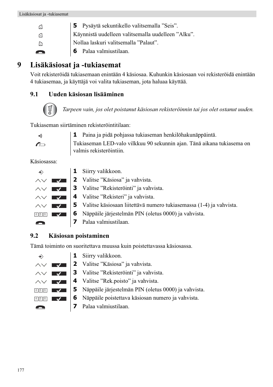 9lisäkäsiosat ja -tukiasemat, 1 uuden käsiosan lisääminen, 2 käsiosan poistaminen | Topcom BUTLER 5710 User Manual | Page 194 / 220