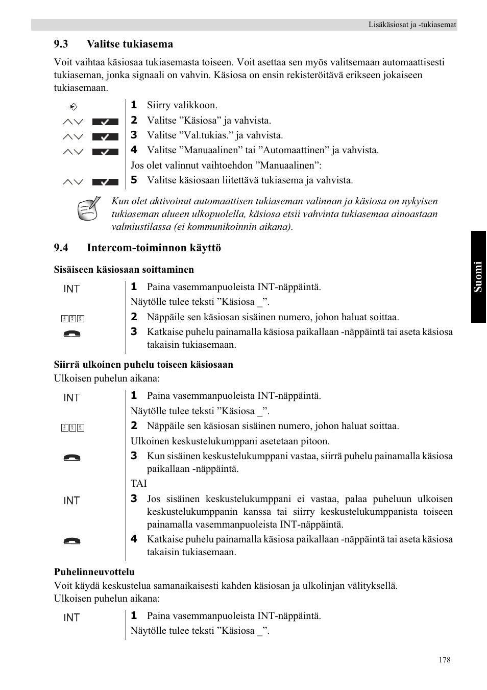 Suomi, 3 valitse tukiasema, 4 intercom-toiminnon käyttö | Topcom BUTLER 5710 User Manual | Page 195 / 220