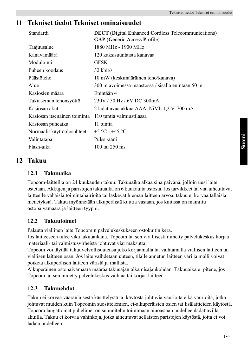 11 tekniset tiedot tekniset ominaisuudet 12 takuu | Topcom BUTLER 5710 User Manual | Page 197 / 220