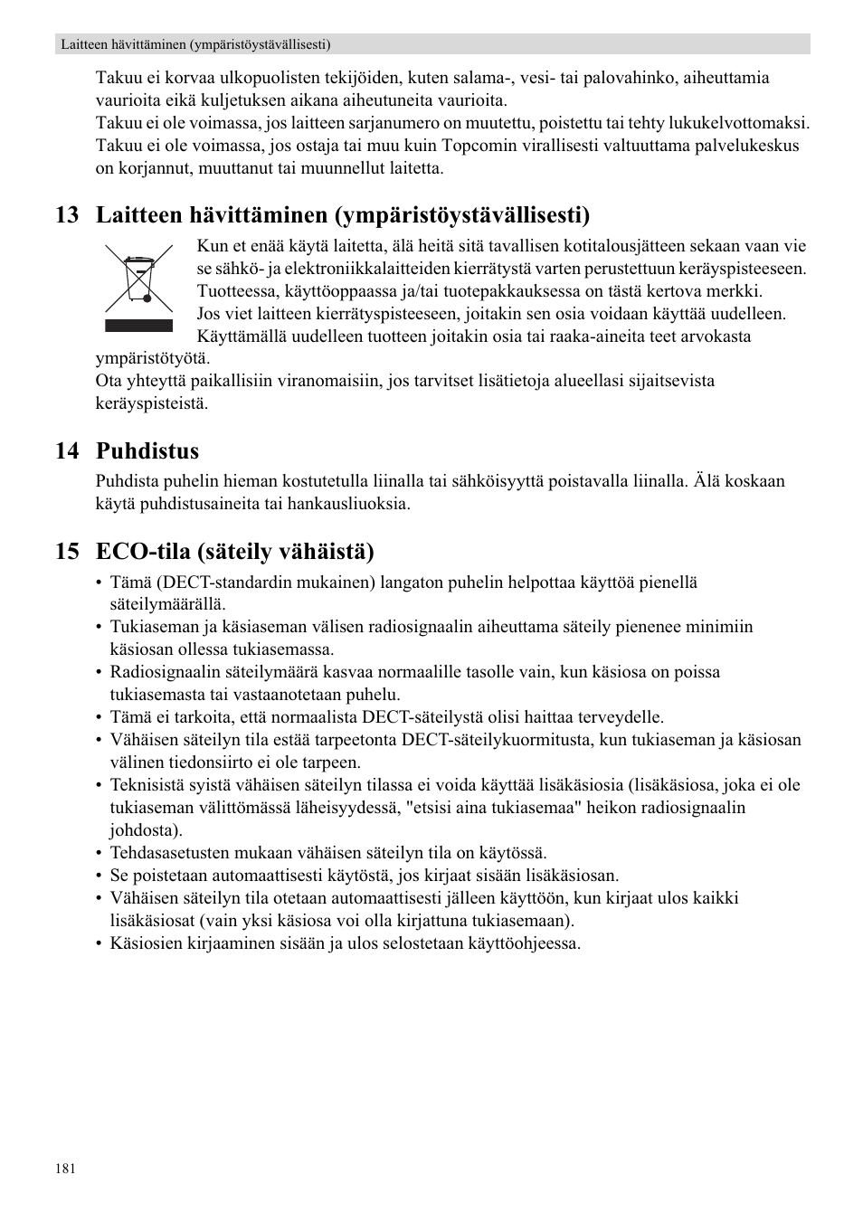 13 laitteen hävittäminen (ympäristöystävällisesti), 14 puhdistus, 15 eco-tila (säteily vähäistä) | Topcom BUTLER 5710 User Manual | Page 198 / 220