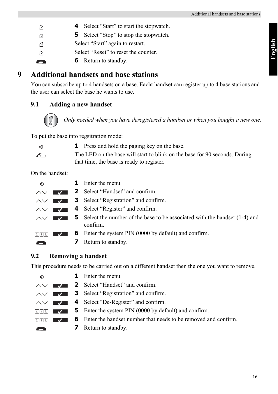 9additional handsets and base stations, Eng lish, 1 adding a new handset | 2 removing a handset | Topcom BUTLER 5710 User Manual | Page 33 / 220