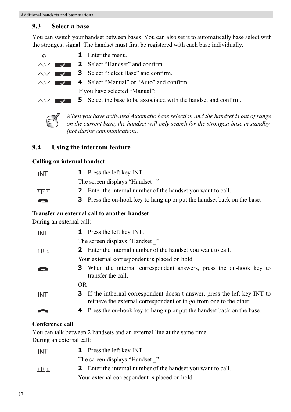 3 select a base, 4 using the intercom feature | Topcom BUTLER 5710 User Manual | Page 34 / 220