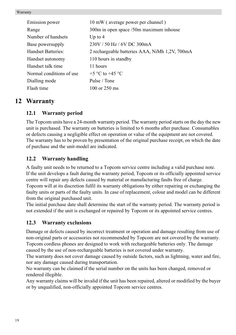 12 warranty | Topcom BUTLER 5710 User Manual | Page 36 / 220