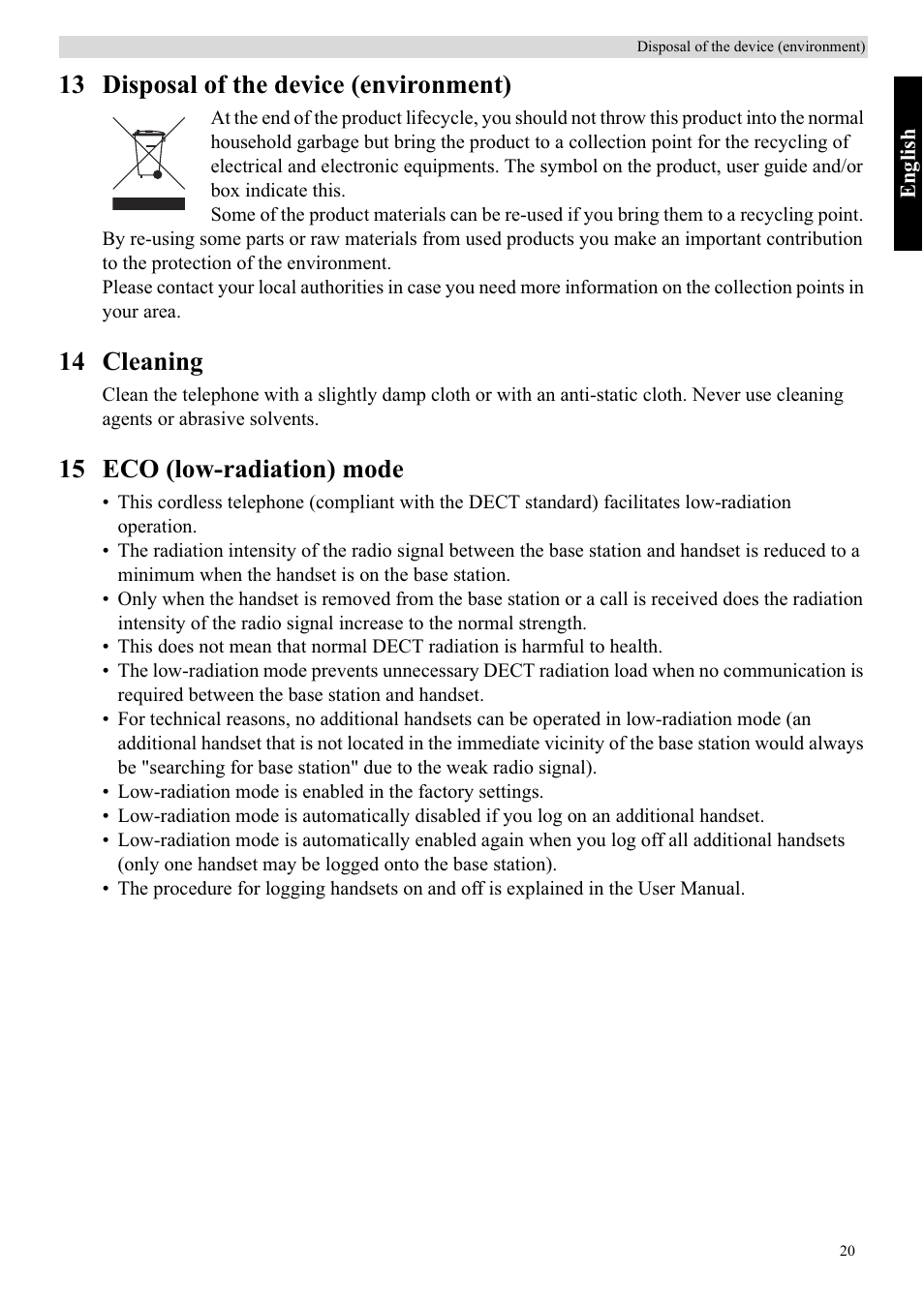 13 disposal of the device (environment), 14 cleaning, 15 eco (low-radiation) mode | Topcom BUTLER 5710 User Manual | Page 37 / 220