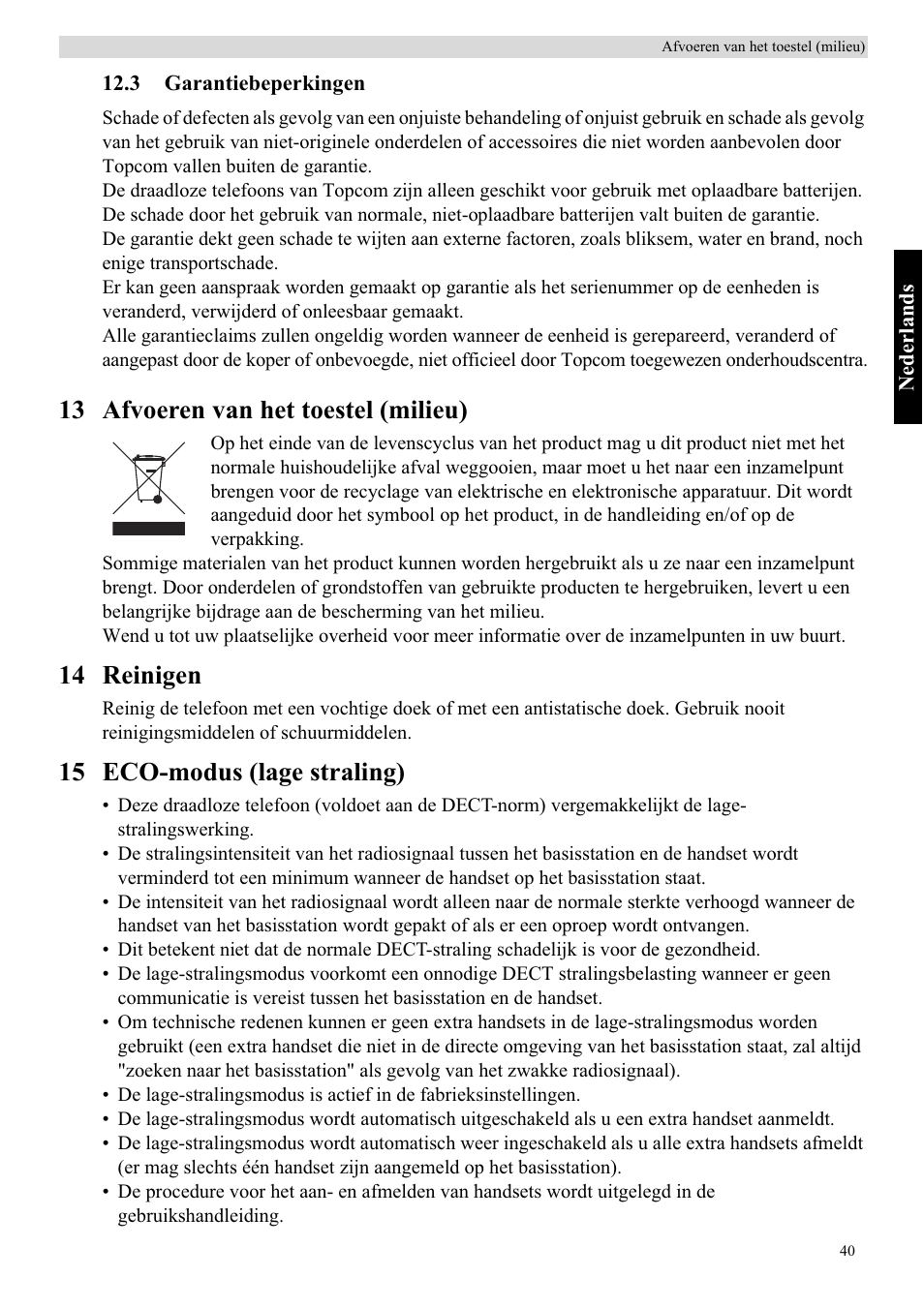 13 afvoeren van het toestel (milieu), 14 reinigen, 15 eco-modus (lage straling) | Topcom BUTLER 5710 User Manual | Page 57 / 220