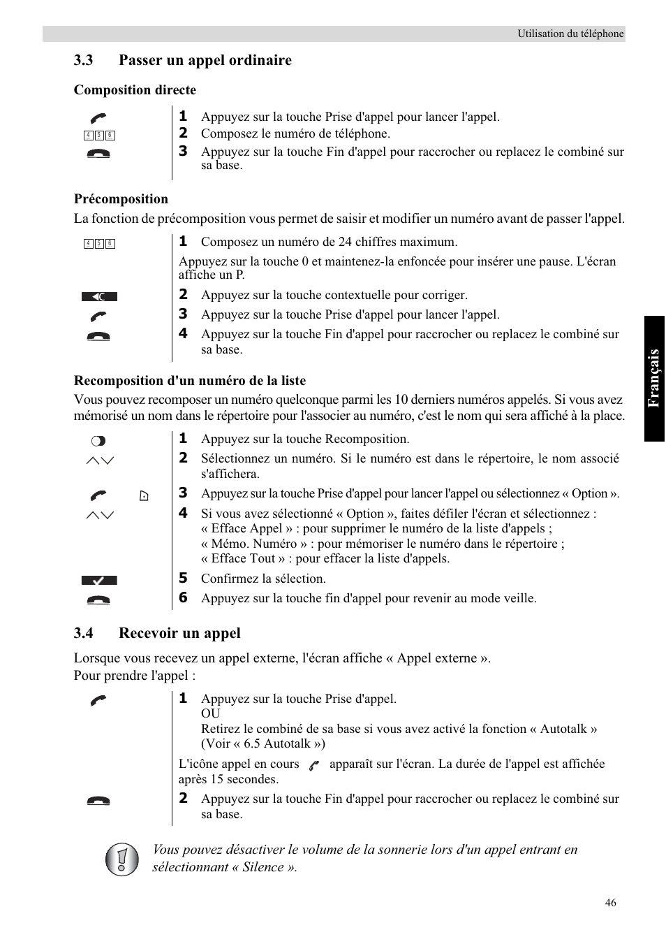 Français, 3 passer un appel ordinaire, 4 recevoir un appel | Topcom BUTLER 5710 User Manual | Page 63 / 220