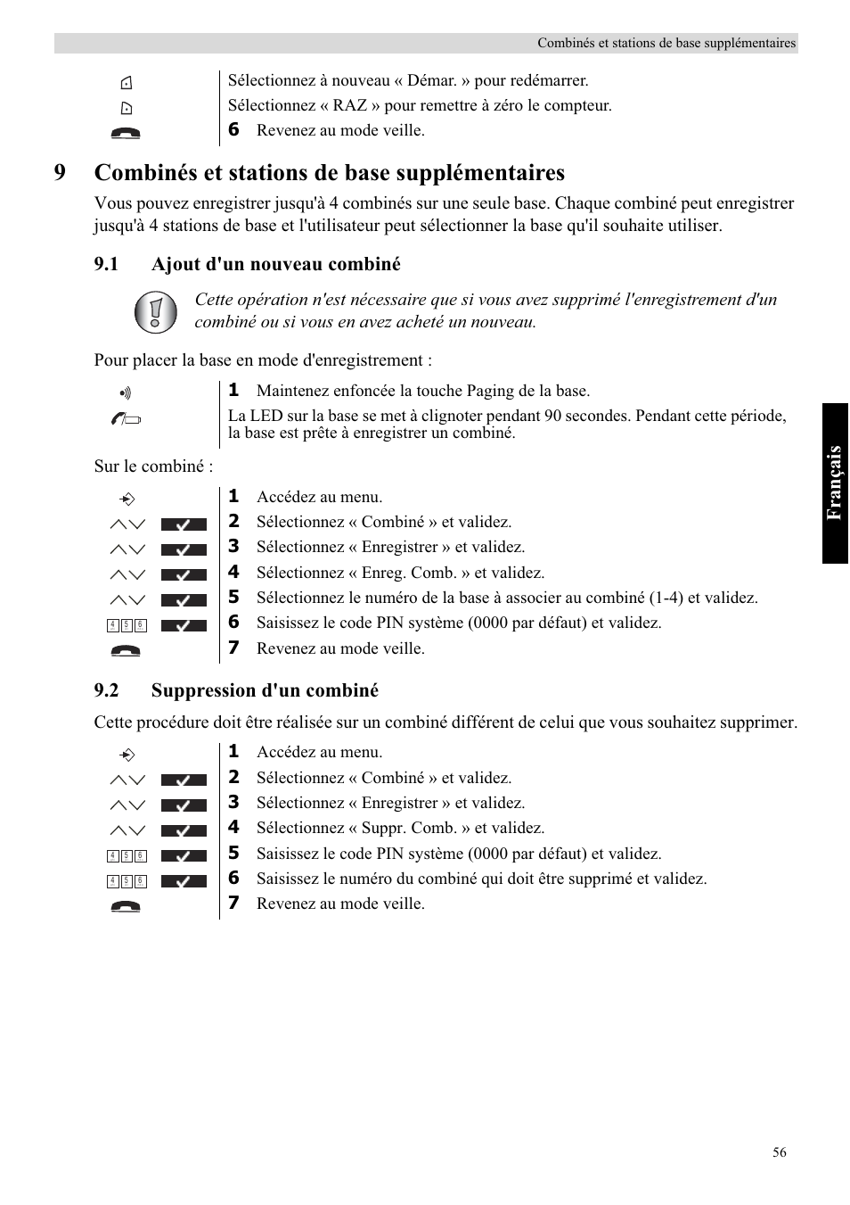 9combinés et stations de base supplémentaires, Français, 1 ajout d'un nouveau combiné | 2 suppression d'un combiné | Topcom BUTLER 5710 User Manual | Page 73 / 220