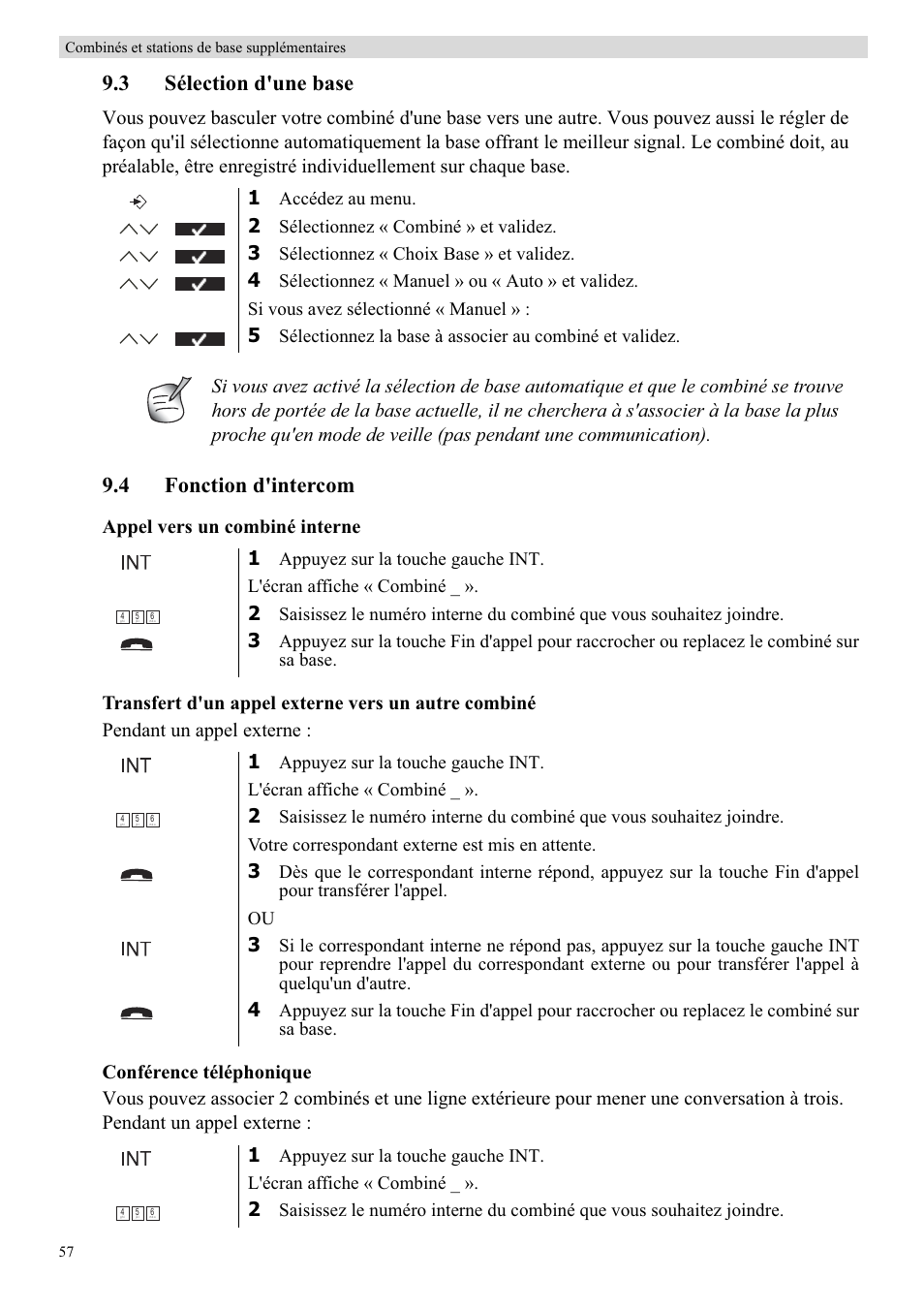 3 sélection d'une base, 4 fonction d'intercom | Topcom BUTLER 5710 User Manual | Page 74 / 220