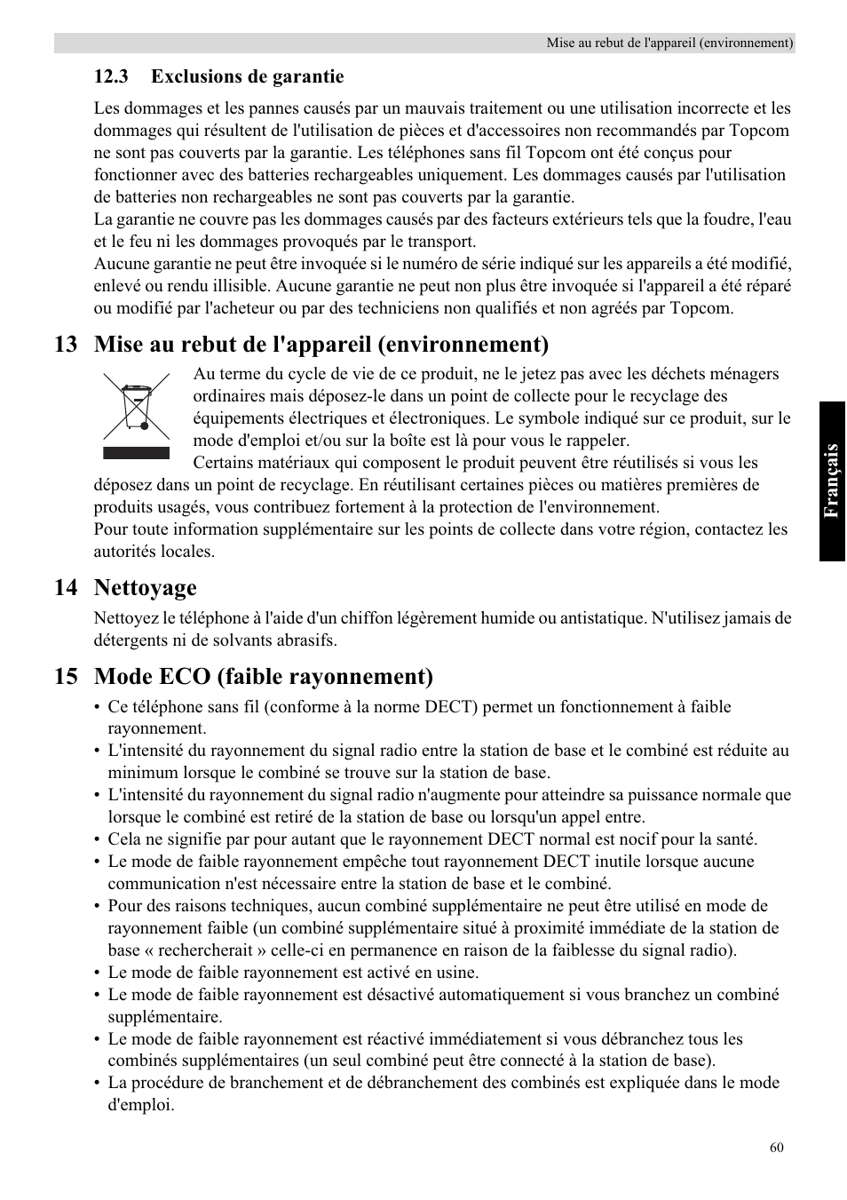 13 mise au rebut de l'appareil (environnement), 14 nettoyage, 15 mode eco (faible rayonnement) | Topcom BUTLER 5710 User Manual | Page 77 / 220