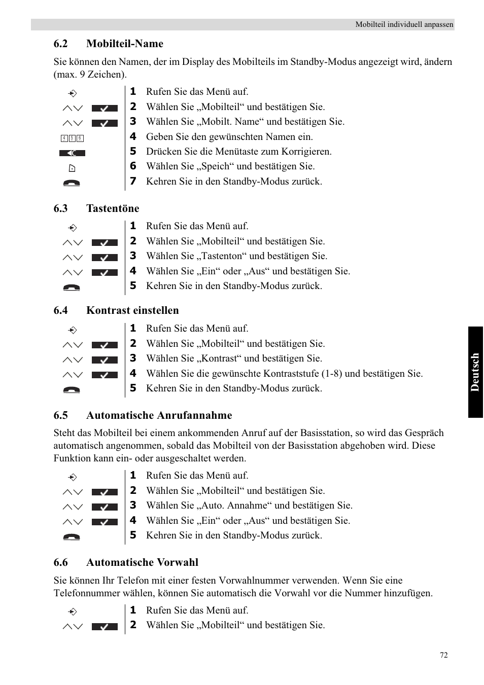 Deutsch, 2 mobilteil-name, 6 automatische vorwahl | Topcom BUTLER 5710 User Manual | Page 89 / 220