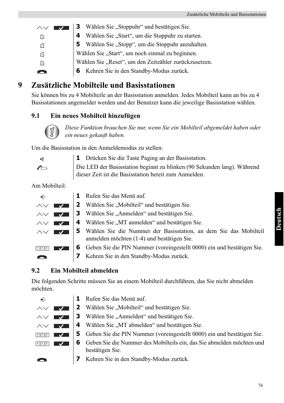 9zusätzliche mobilteile und basisstationen, Deutsch, 1 ein neues mobilteil hinzufügen | 2 ein mobilteil abmelden | Topcom BUTLER 5710 User Manual | Page 93 / 220