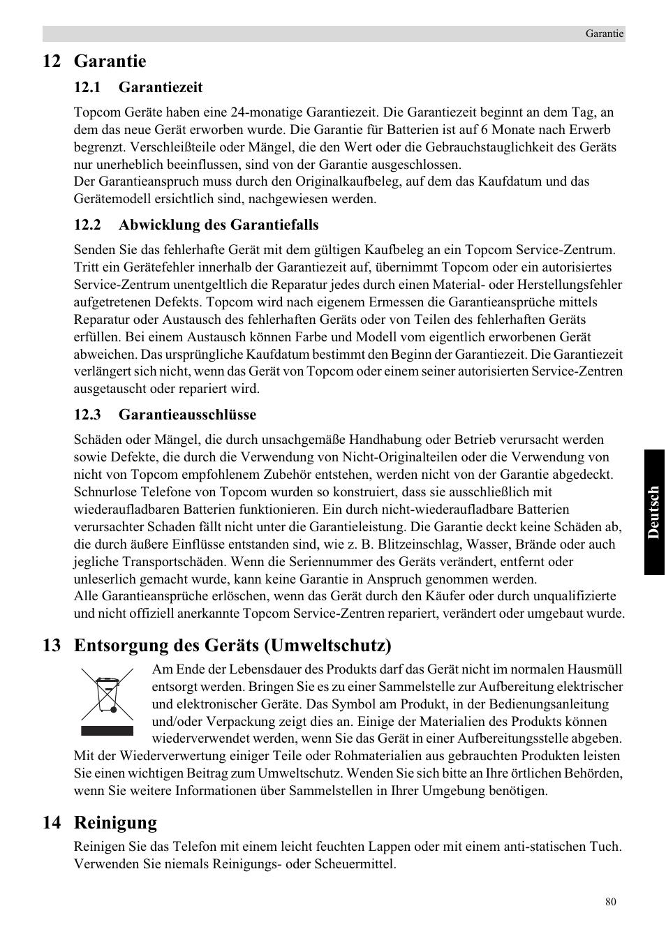 12 garantie, 13 entsorgung des geräts (umweltschutz), 14 reinigung | Topcom BUTLER 5710 User Manual | Page 97 / 220