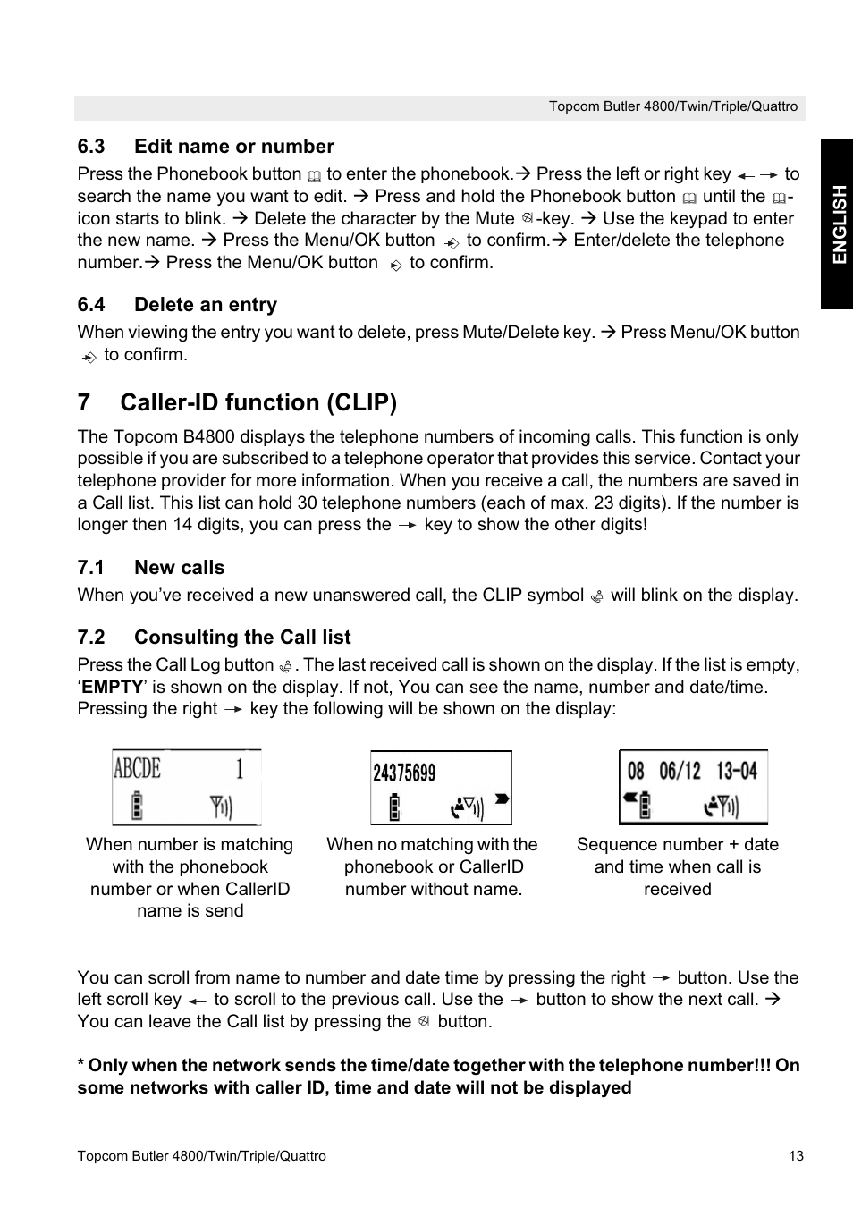 7caller-id function (clip) | Topcom BUTLER 4800 User Manual | Page 13 / 20