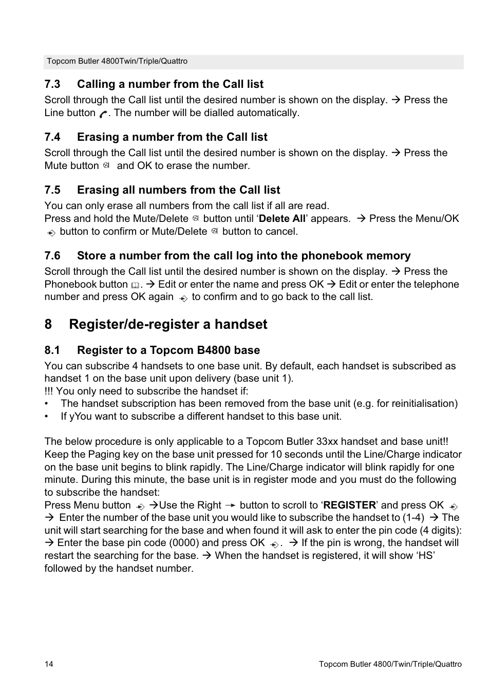 8register/de-register a handset | Topcom BUTLER 4800 User Manual | Page 14 / 20