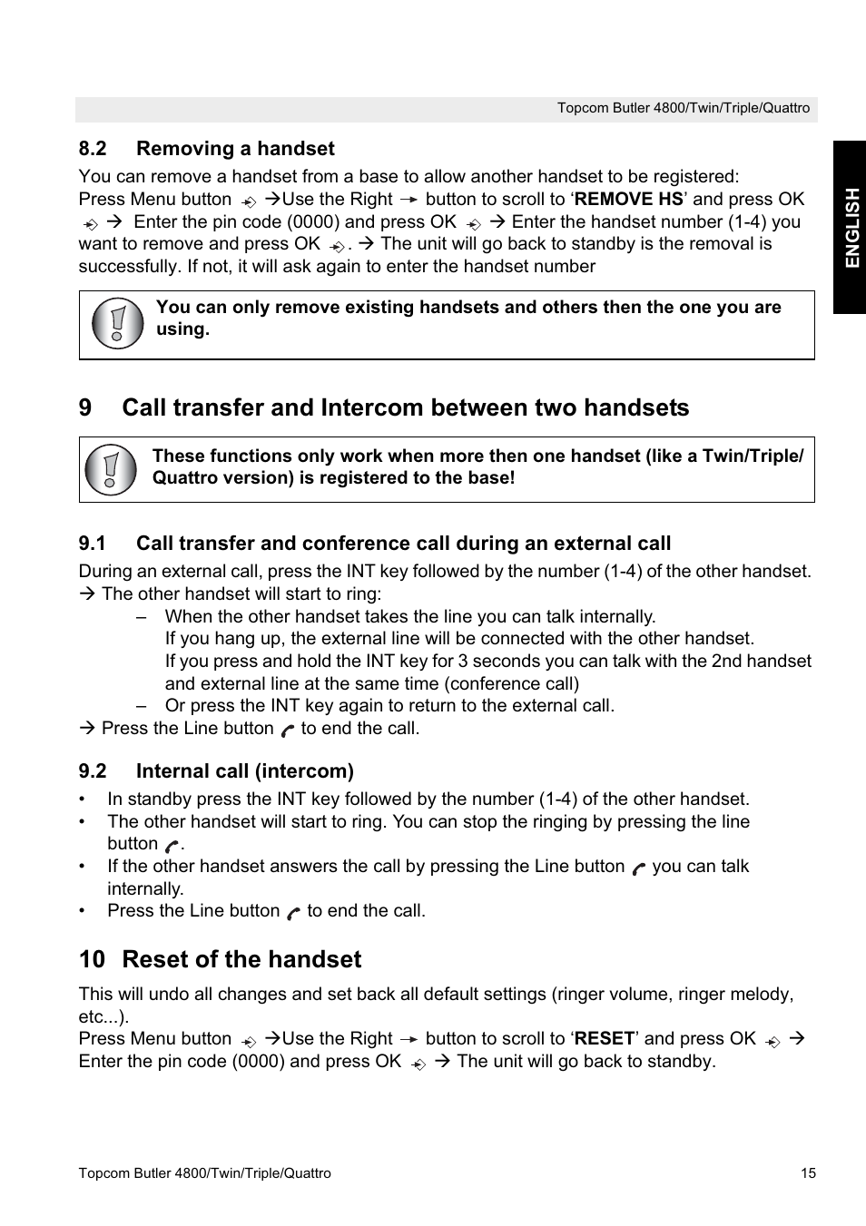 9call transfer and intercom between two handsets, 10 reset of the handset | Topcom BUTLER 4800 User Manual | Page 15 / 20