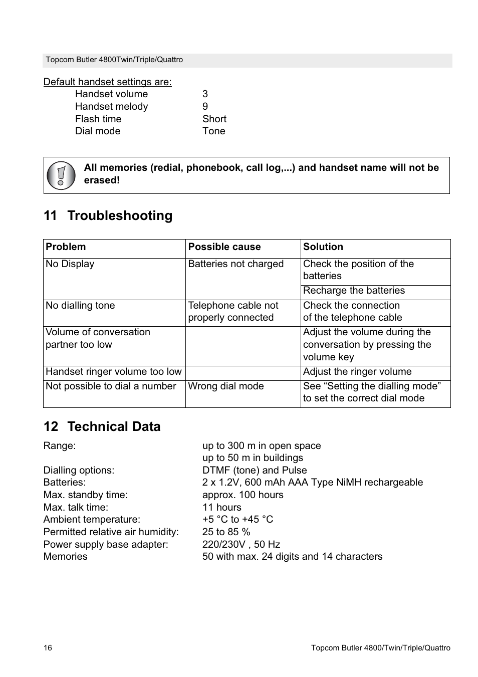 11 troubleshooting 12 technical data | Topcom BUTLER 4800 User Manual | Page 16 / 20