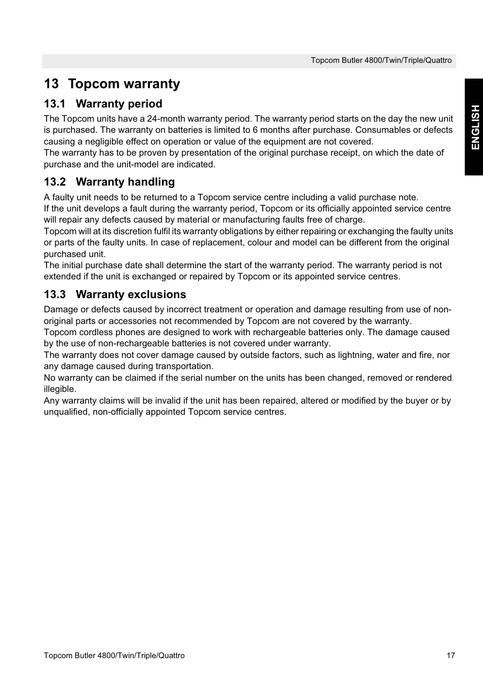 13 topcom warranty | Topcom BUTLER 4800 User Manual | Page 17 / 20