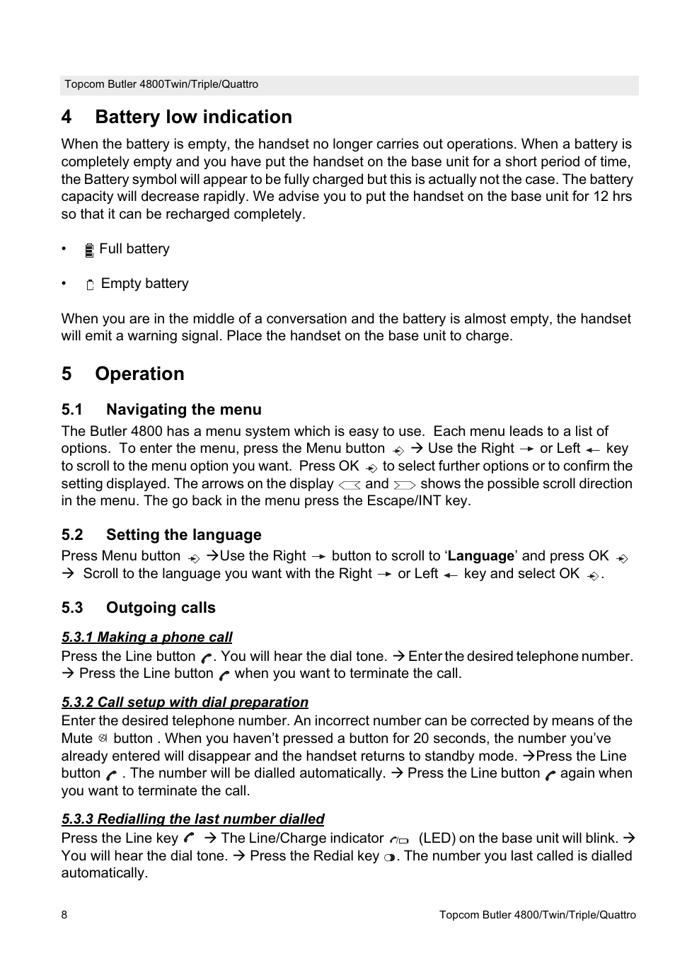 4battery low indication, 5operation | Topcom BUTLER 4800 User Manual | Page 8 / 20