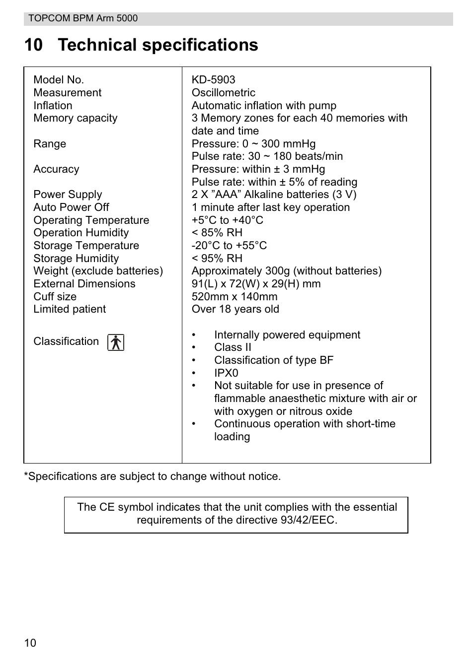 10 technical specifications | Topcom BPM ARM 5000 User Manual | Page 10 / 160