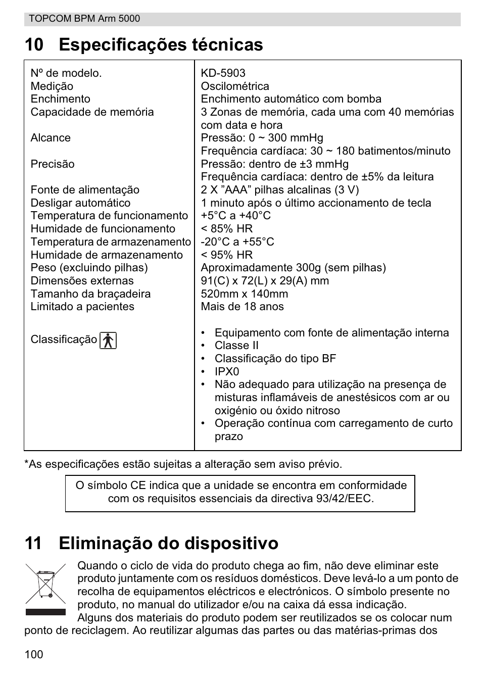 10 especificações técnicas, 11 eliminação do dispositivo | Topcom BPM ARM 5000 User Manual | Page 100 / 160