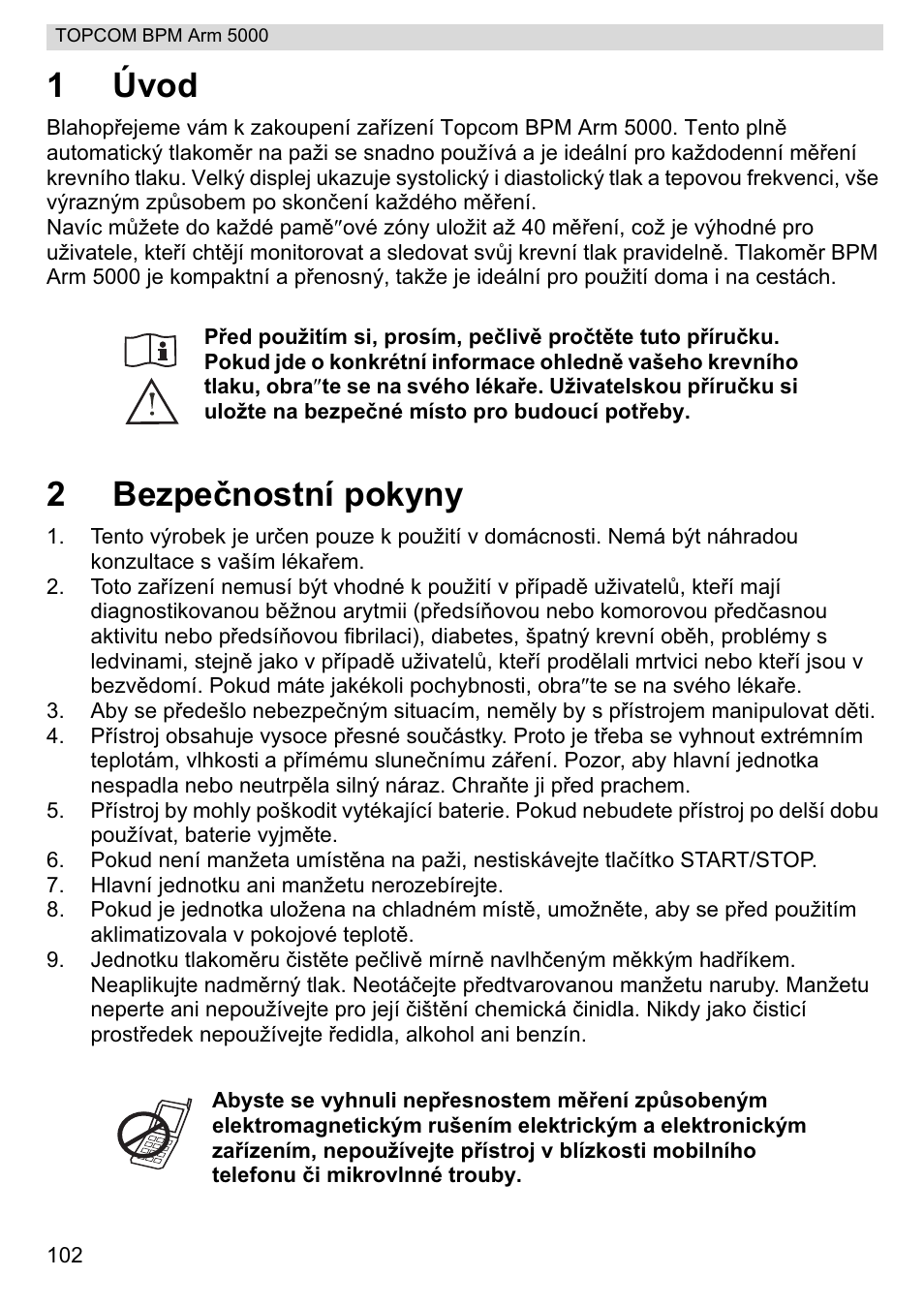 1úvod, 2bezpeþnostní pokyny | Topcom BPM ARM 5000 User Manual | Page 102 / 160