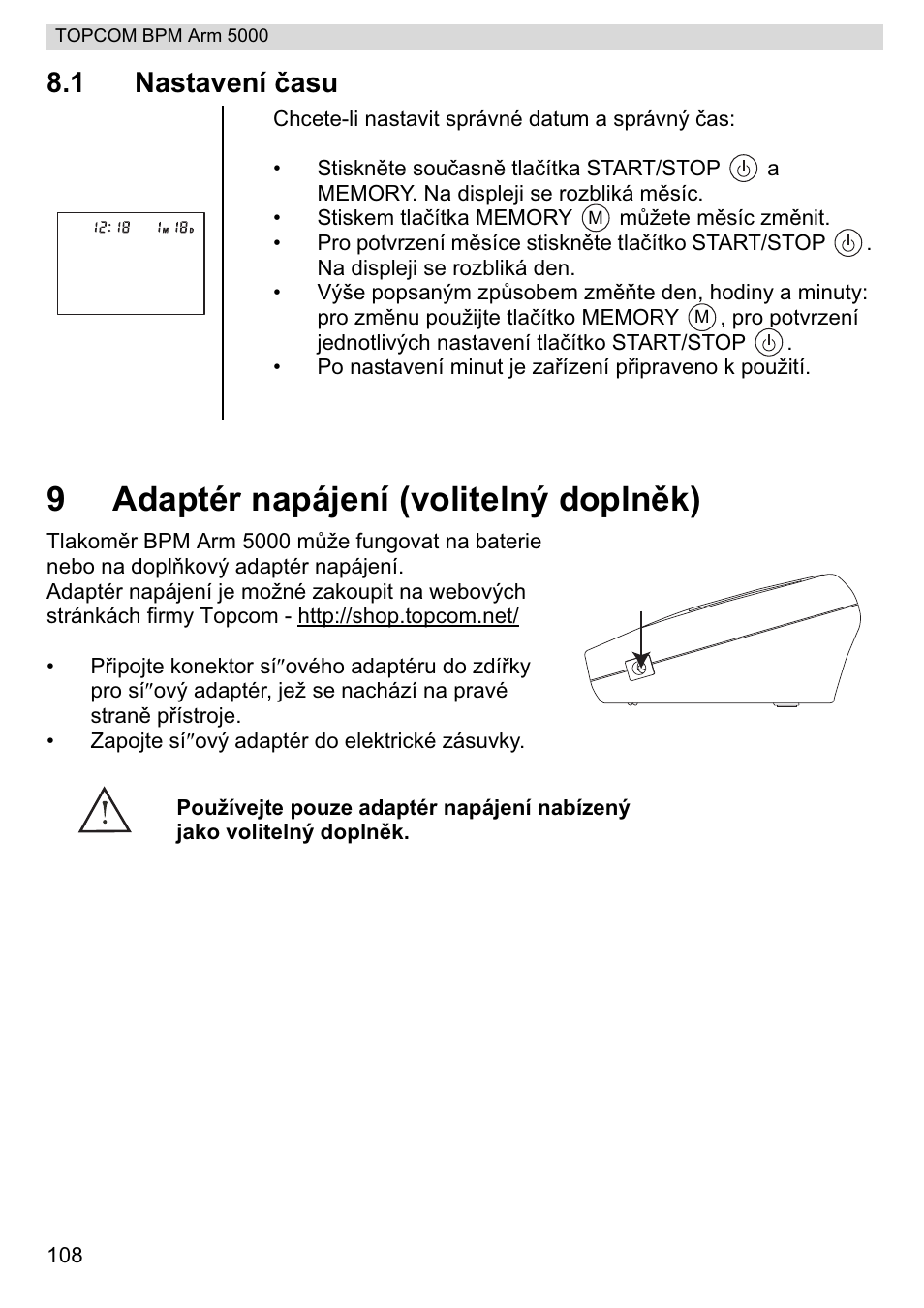 9adaptér napájení (volitelný doplnčk), 1 nastavení þasu | Topcom BPM ARM 5000 User Manual | Page 108 / 160