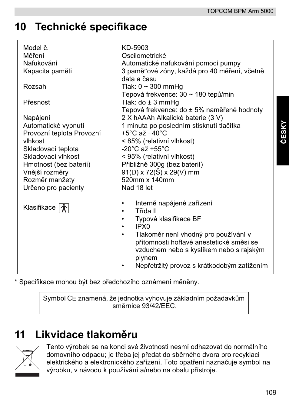 10 technické specifikace, 11 likvidace tlakomčru | Topcom BPM ARM 5000 User Manual | Page 109 / 160