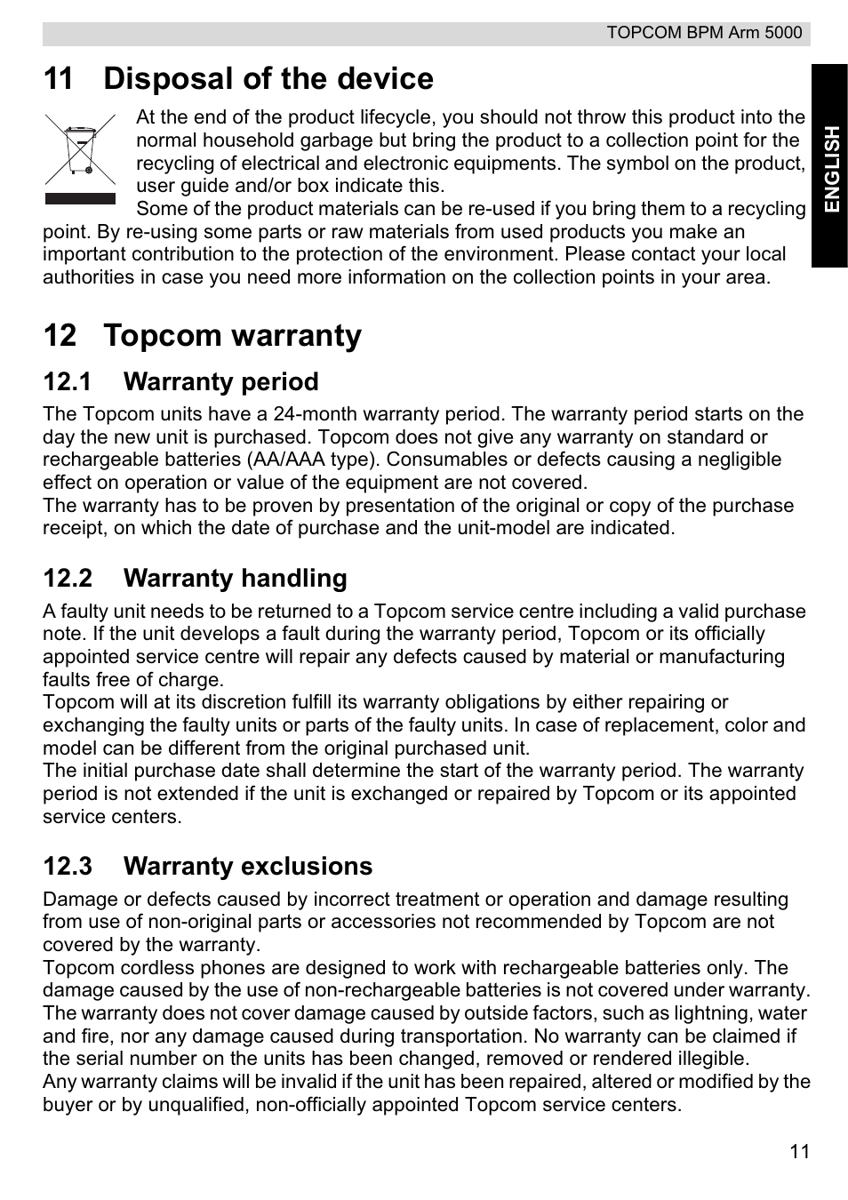 11 disposal of the device, 12 topcom warranty | Topcom BPM ARM 5000 User Manual | Page 11 / 160