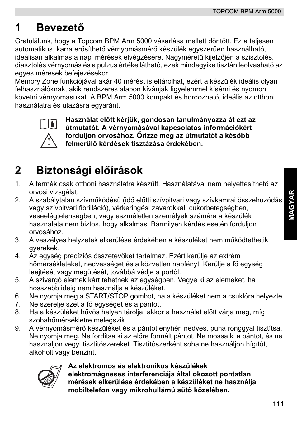 1bevezetę, 2biztonsági elęírások | Topcom BPM ARM 5000 User Manual | Page 111 / 160