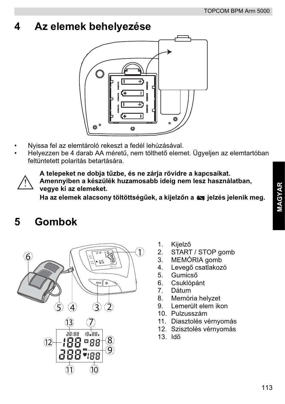 4az elemek behelyezése, 5gombok | Topcom BPM ARM 5000 User Manual | Page 113 / 160