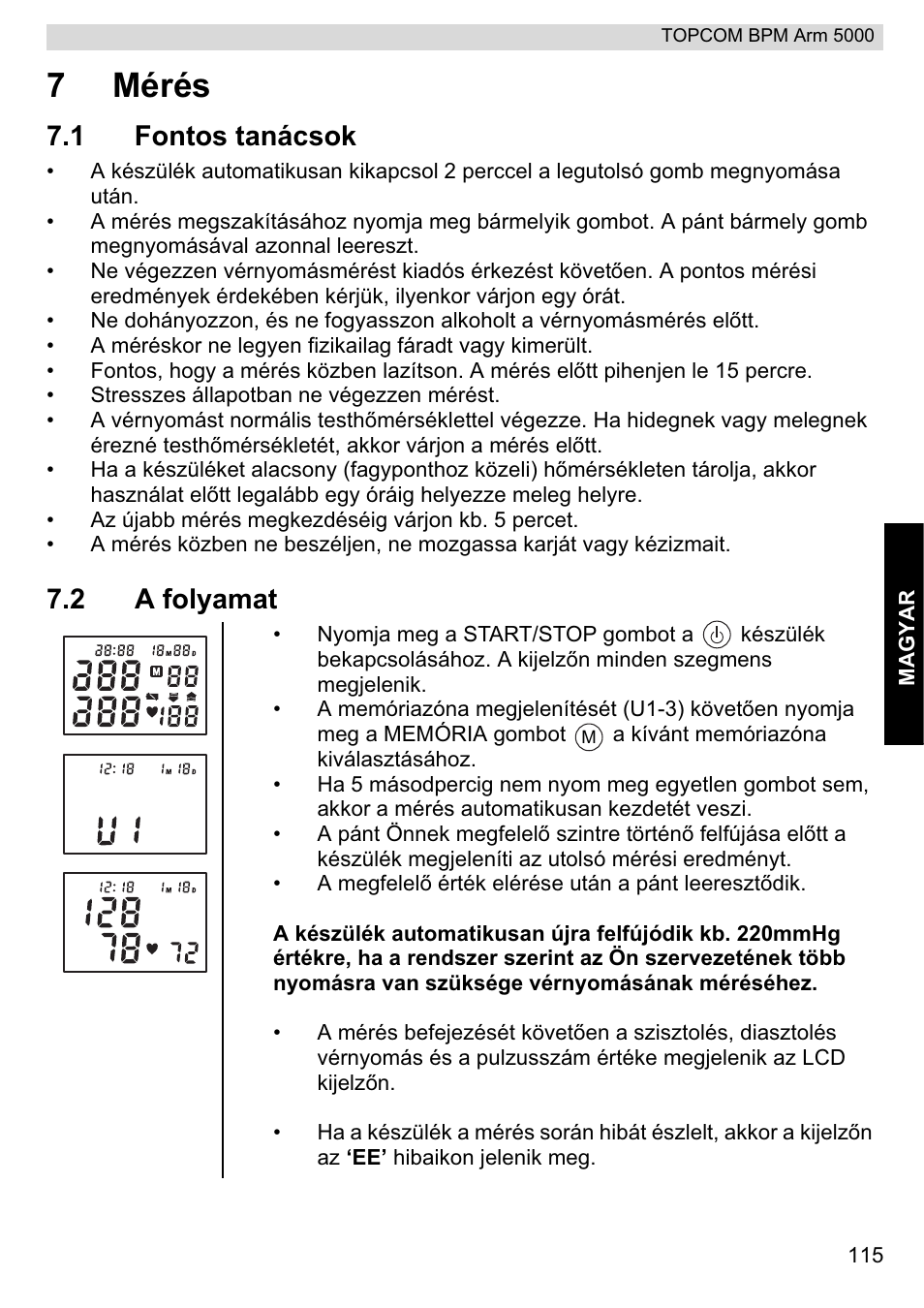 7mérés, 1 fontos tanácsok, 2 a folyamat | Topcom BPM ARM 5000 User Manual | Page 115 / 160