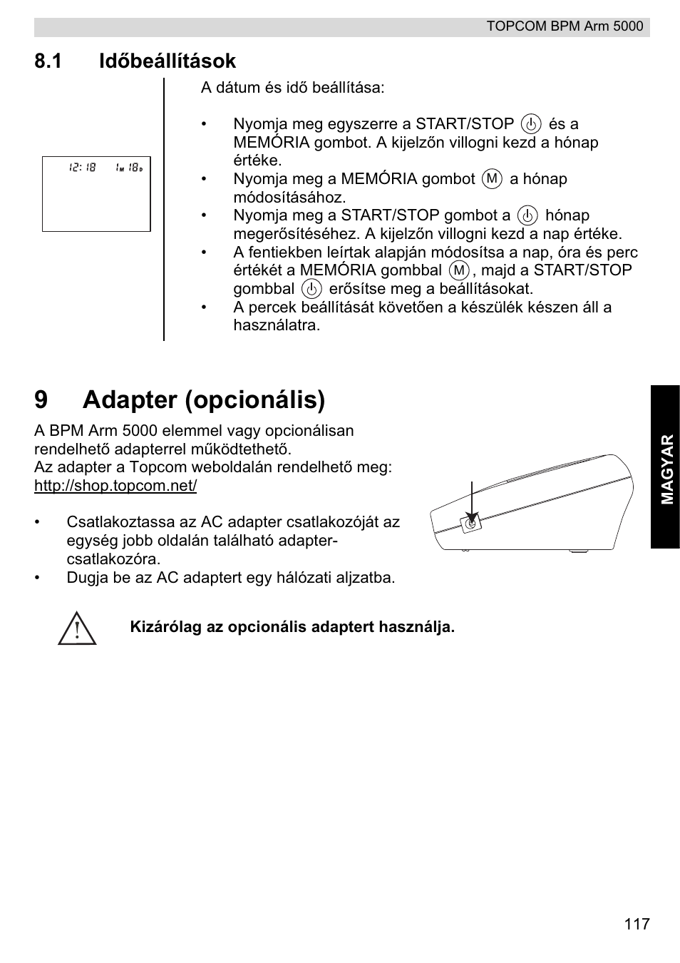 9adapter (opcionális), 1 idębeállítások | Topcom BPM ARM 5000 User Manual | Page 117 / 160