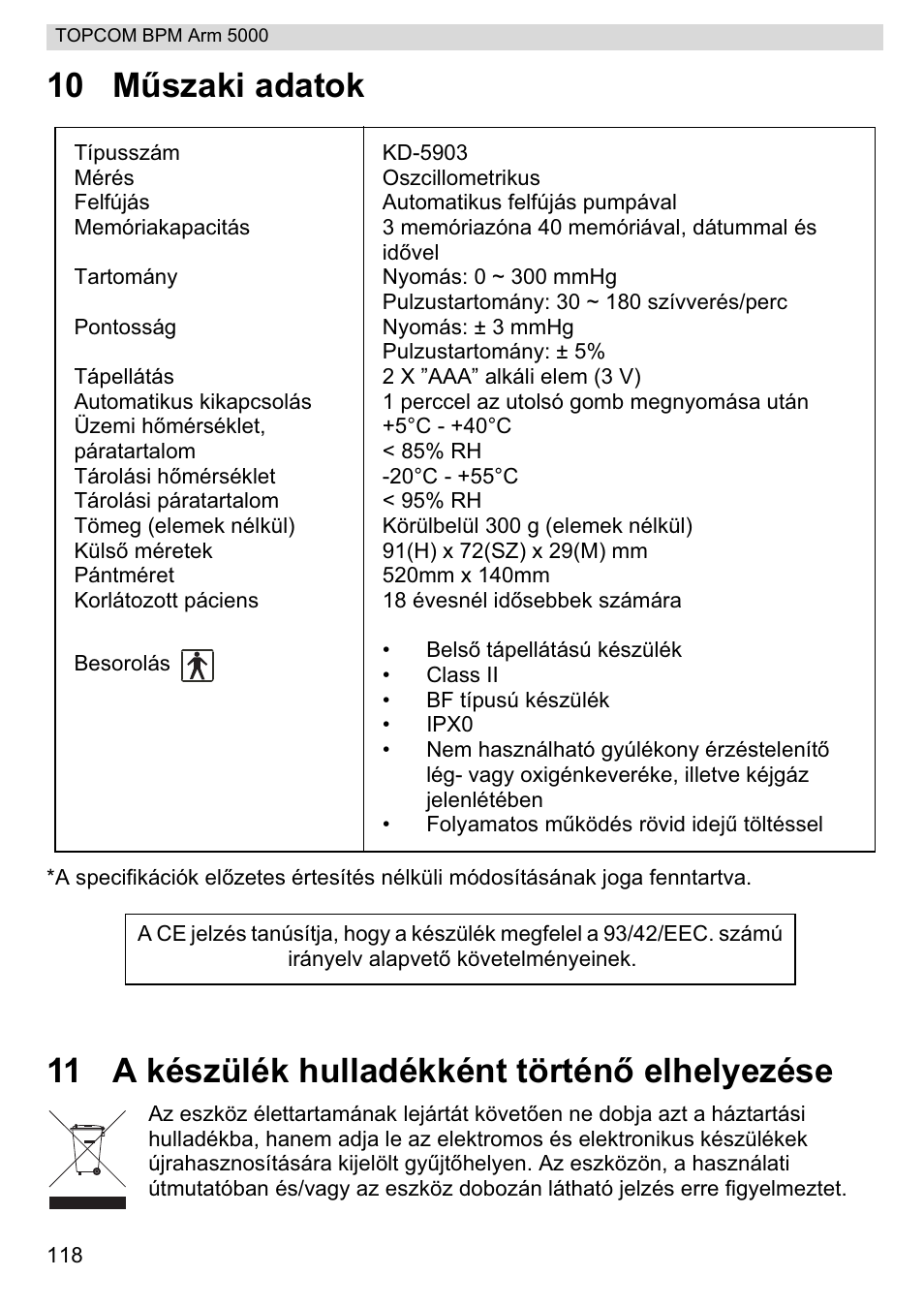 10 mħszaki adatok, 11 a készülék hulladékként történę elhelyezése | Topcom BPM ARM 5000 User Manual | Page 118 / 160