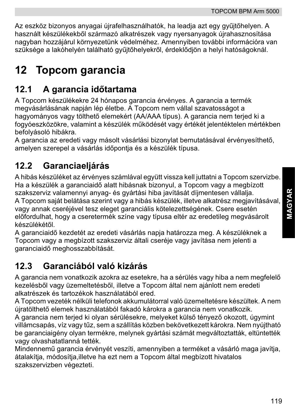 12 topcom garancia | Topcom BPM ARM 5000 User Manual | Page 119 / 160