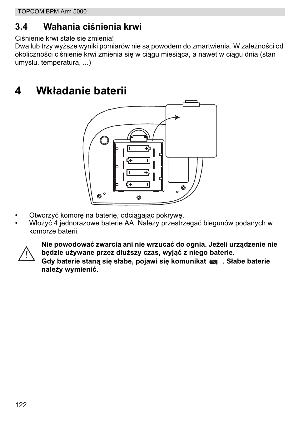 4wkáadanie baterii, 4 wahania ciğnienia krwi | Topcom BPM ARM 5000 User Manual | Page 122 / 160