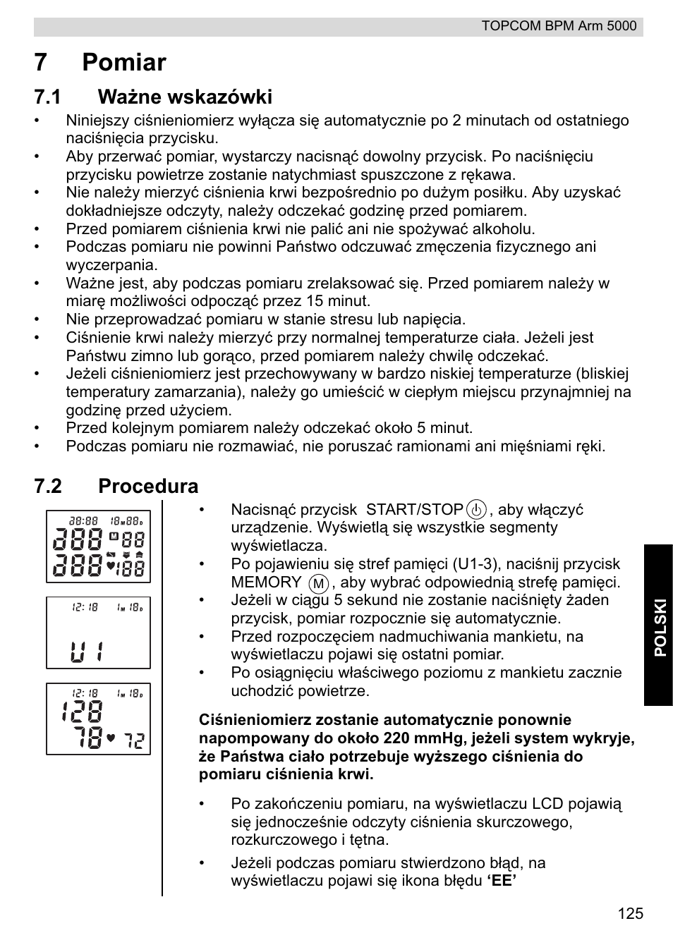 7pomiar, 1 waīne wskazówki, 2 procedura | Topcom BPM ARM 5000 User Manual | Page 125 / 160