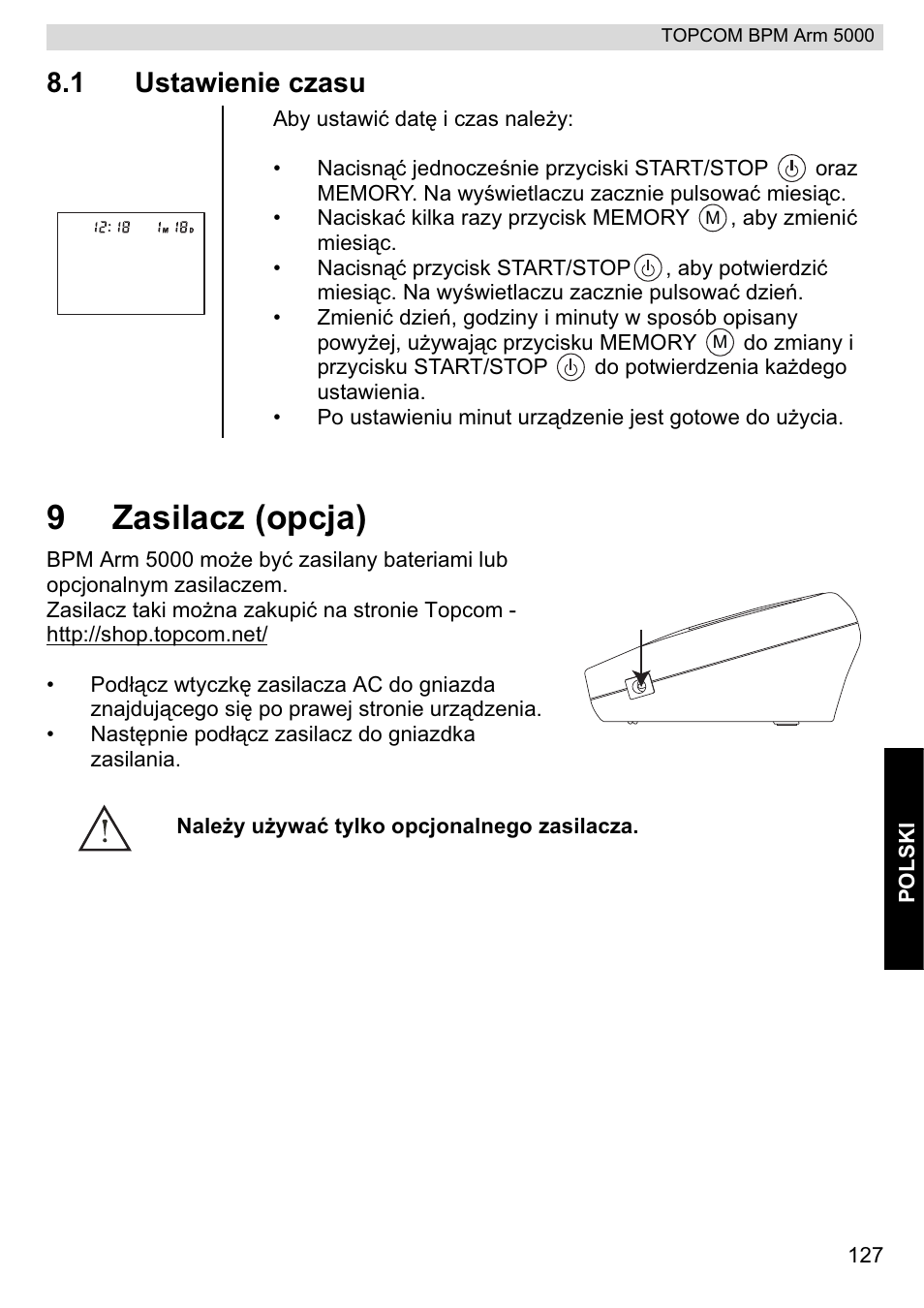 9zasilacz (opcja), 1 ustawienie czasu | Topcom BPM ARM 5000 User Manual | Page 127 / 160